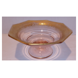 Vintage Pink Depression Glass Etched Floral Trim Rolled Console Bowl, 4.5"H x 9.5"W