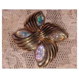 Swarovski Aurora Borealis Rhinestone Swirl Brooch Pin, Gold Plated, Swan Logo, 1990s Vintage Jewelry