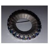 Vintage Silver Tone Circle Brooch w/Iridescent Rhinestones