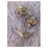 Vintage Gold Tone Double Flower on Stem Brooch Pin