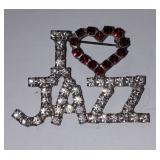 Vintage I Love Jazz Brooch, Rhinestone "Jazz" Pin/Brooch