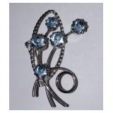 Vintage Star Art Silver Tone Blue & Clear Rhinestone Flower Pin or Brooch