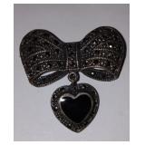 Vintage Bow Dangle Brooch Pin Heart Black Enamel Jewelry