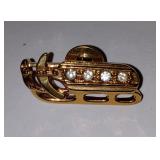 Gold Toned Rhinestone Accentuated Ski Sled Lapel Pin