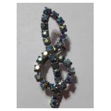 Vintage Blue Aurora Borealis Rhinestone Treble Clef Brooch Pin