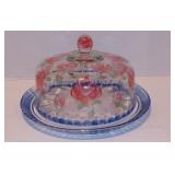 Vintage Beautiful Floral Roses Glass Cake Plate & Dome