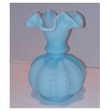 Vintage Fenton Satin Powder Baby Blue Ruffled Melon Beaded Vase