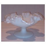 Vintage Fenton White Milk Glass Silver Crest Compote Dish Bowl w/ Ruffled Clear Edge