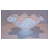 Vintage Fenton Hobnail Milk Glass Ruffled Edge Footed Bowl