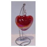 Vintage Red Blown Glass Heart Ornament with Metal Stand