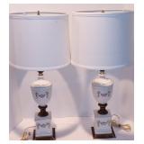 Vintage Pair of Porcelain Lamps With Brass Base & White Ceramic Flowers~Very Lovely!