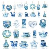 Haooryx 46PCS Christmas Chinoiserie Ornaments Blue and White Porcelain Wooden Hanging Ornaments