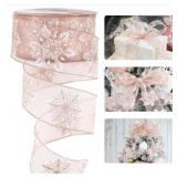 HUIHUANG Snowflake Wired Ribbon Rose Gold Glitter Snowflake Ribbon for Christmas Tree, 2-1/2" x 25 Y