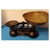 Vintage The Salter Staffordshire Black Cast Iron Kitchen Balance Scales with Brass Pan 12 inch W - R