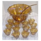 Vintage Indiana Glass Iridescent Gold Carnival Glass Punch Bowl with 12 Cups, 12 Hooks, Ladle, Box -