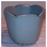 Frankoma Pottery #37 Hexagon Scalloped Edge Planter Blue Ribbed Vase