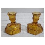 Pair of Fostoria Amber Patriotic Coin Candlesticks Liberty Bell Eagle 5"