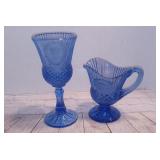 Vintage 1977 Avon Design by FOSTORIA Mount Vernon Blue Sauce Pitcher & Goblet