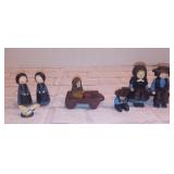 Vintage Cast Iron Wilton Amish Family Lot Of 4 Bench, Wagon, 6 Pieces & Vintage Wooden Folk Art Doll