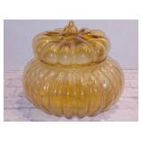 Vintage Italian Empoli Hand Blown Gourd Pumpkin Amber Glass Candy Dish Optic Lines