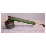 Vintage bug spray hand pump, green & silver tin litho insecticide duster, drum pesticide sprayer, in