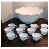 Vintage Fostoria Large White Milk Glass Punch Bowl w/ 11 Cups