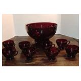 9PC Vintage Anchor Hocking Royal Ruby Red Glass Punch Bowl Set