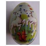 Vintage Easter Egg Shaped Candy Tin England Biscon Imports Lithograph Lambs Butterflies Spring Flowe