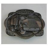 1985 American Trucker Belt Buckle Bergamot Brass works pewter color heavy 165g