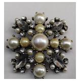 Vintage Silver Tone Pewter Pearl Faux Gems 2" Fashion Pin Brooch