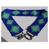 Vintage Southwestern Style Stretchy Beaded Belt w/ Diamond Shapes in Blue and Green. Locking Oval Bu