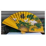 Vintage Large 60*35 in Oriental Wall Hanging Folding Fan in White Crane Birds Design