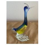 Clear, Blue, Yellow Blown Glass Bird Figurine