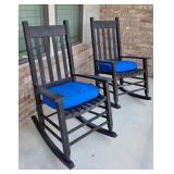 Pair of Black Wooden Rocking Chairs With Blue Cushions For Deck/Patio,Rustic Patio Chairs
