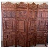 Vintage 4-panel Intricately Hand Carved Wood Screen/ Room Divider with Carved Exotic Animals