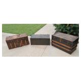 Vintage US Army Trunk Locker, 2 Antique Wood Steamer Trunks