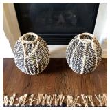 Pair of wicker hanging candle holders 