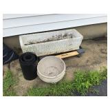 Cement planters, plastic hanging planters