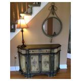 Lamp- 29” high, handpainted 1 drawer chest- 47” x 15” x 32 1/2” high, mirror- 21 1/2” x 41” high