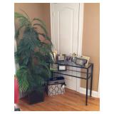 Faux palm tree, metal table with 2 glass shelves 