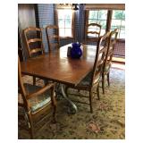 Metal & wood table, 6 rush chairs 1 leaf. 77” x 42”