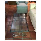 Wrought iron & glass top coffee table 18” x 52” x 29” H