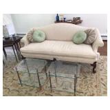 Pair of side metal & glass tables. Antique sofa