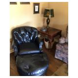 Vtg. Blk. Leather chair & ottoman. 55” x 30” 32” H