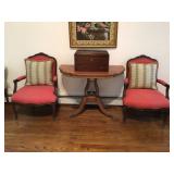Pair of chairs, demilune table & flatware box