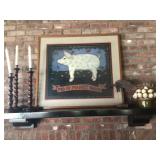 Pig print. 35”x32”, candle sticks