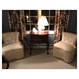Pair of boudoir chairs, table, lamp