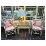 Rattan chairs, table & lamp