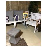4 wooden white patio chairs, ceramic plant/statue base 14”x14”x18” H