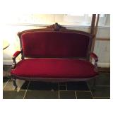 Victorian red velvet sofa, 64”x32”x44” H